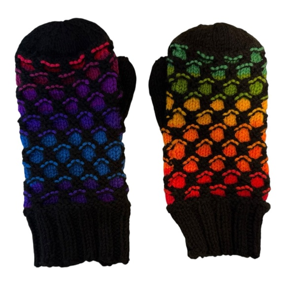 Hand Knit Rainbow Colour Newfoundland Mittens - Picture 1 of 6